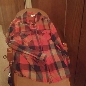 Button down, orange and blue, plaid.